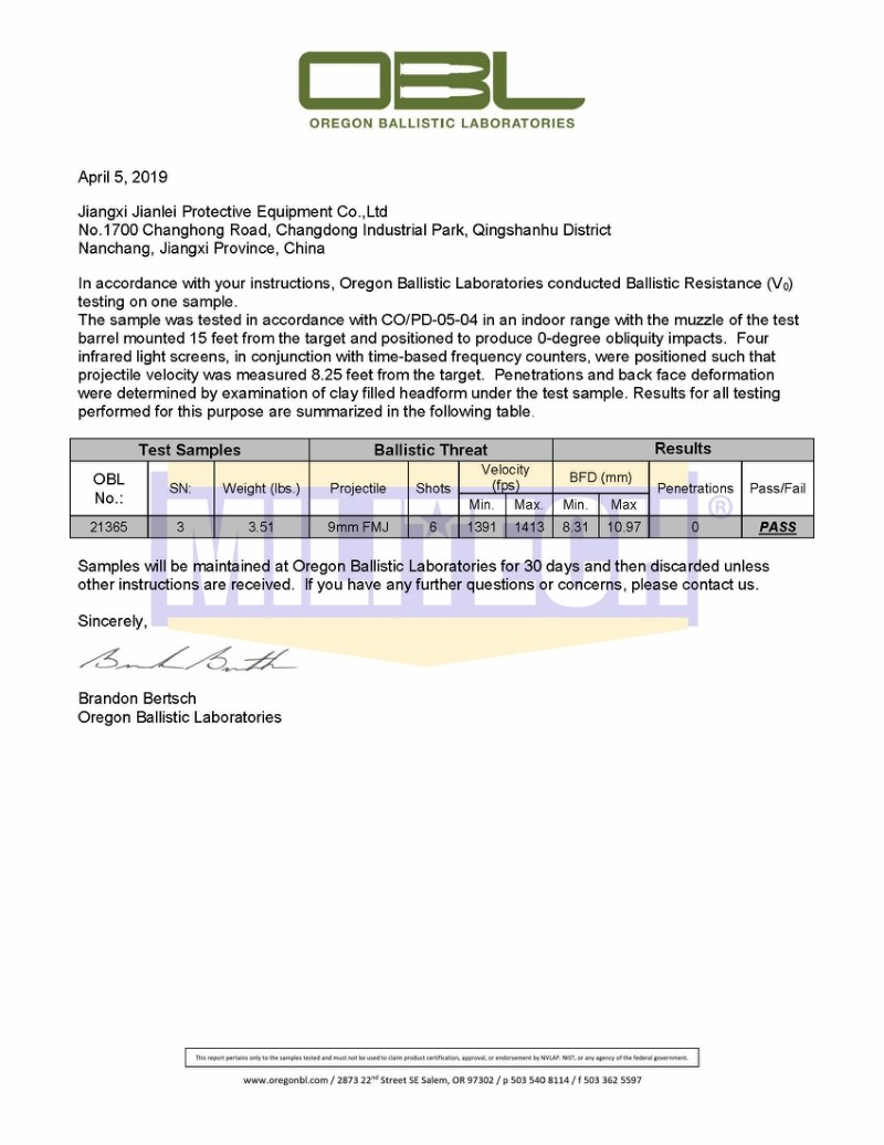 Ballistic Helmet OBL 9mm BFD Test Report 1